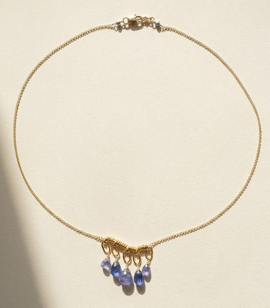 Gold chain necklace with clustered purple teardrop briolette gemstones at the end