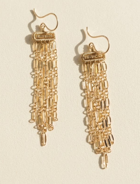 Gold-tone fringe earrings with layered chain tassels and fishhook backs