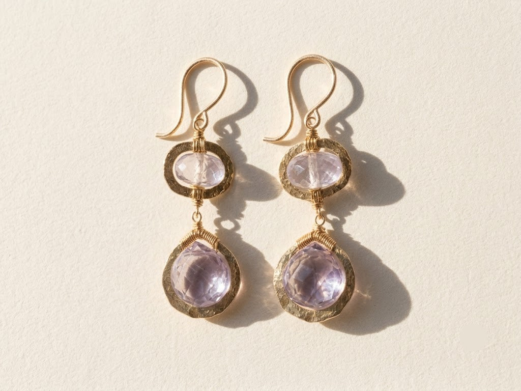 Gold-tone double drop earrings with clear and lilac beaded drops, lever hooks
