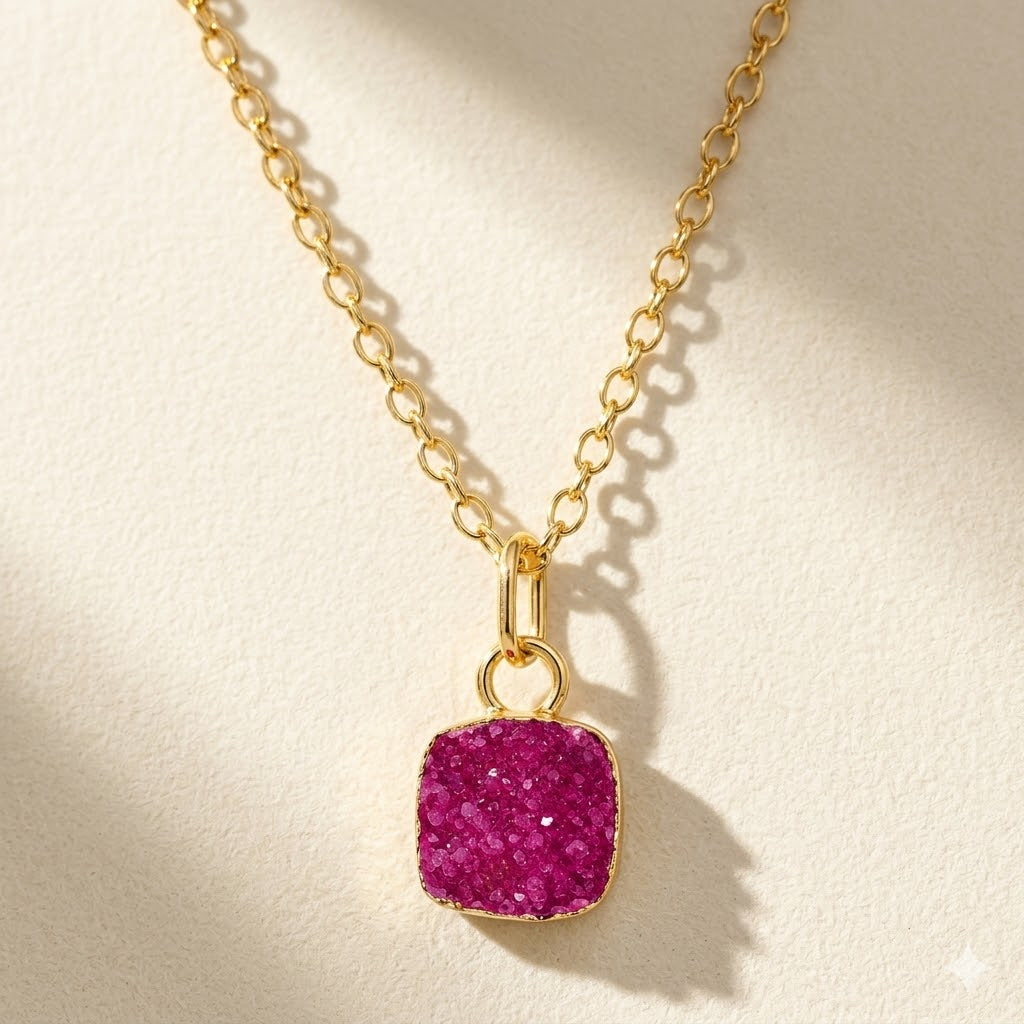 Gold chain necklace with square magenta druzy pendant