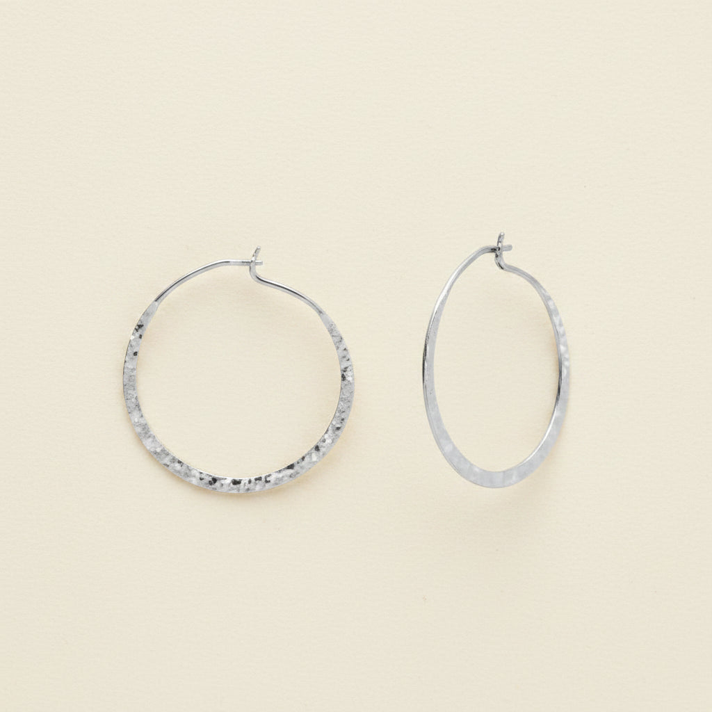 Hammered wire hoop earrings in silver tone, circular textured hoops