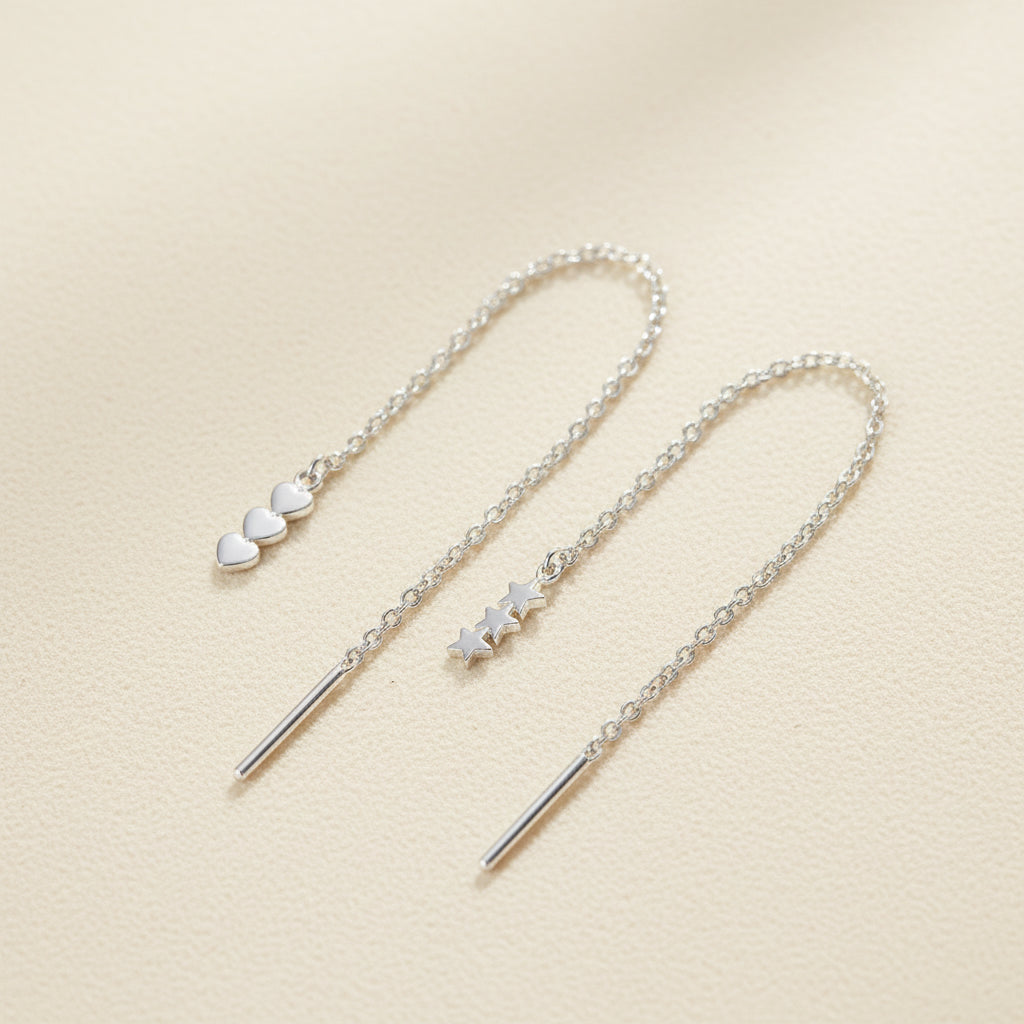 Sterling silver threader earrings with triple hearts and star charm drops