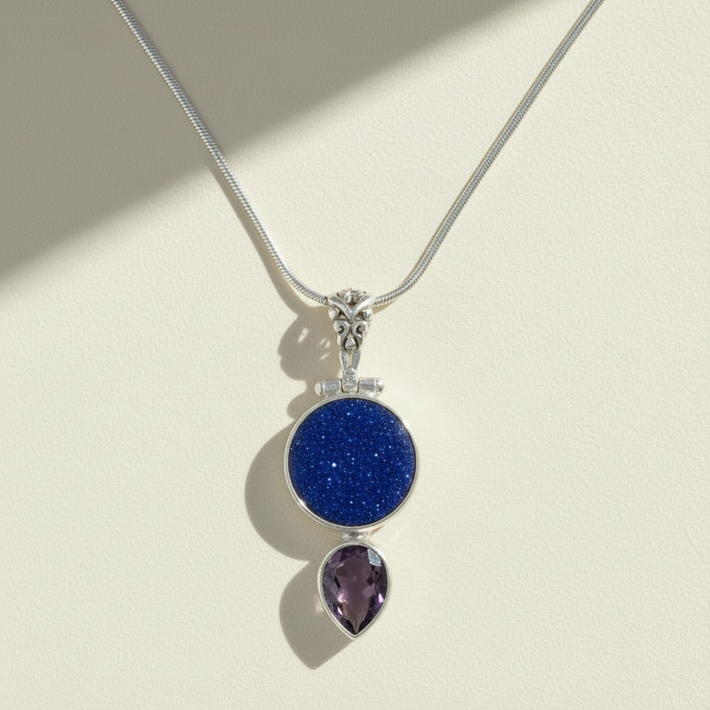 Silver filigree pendant necklace with blue round stone and purple teardrop stone
