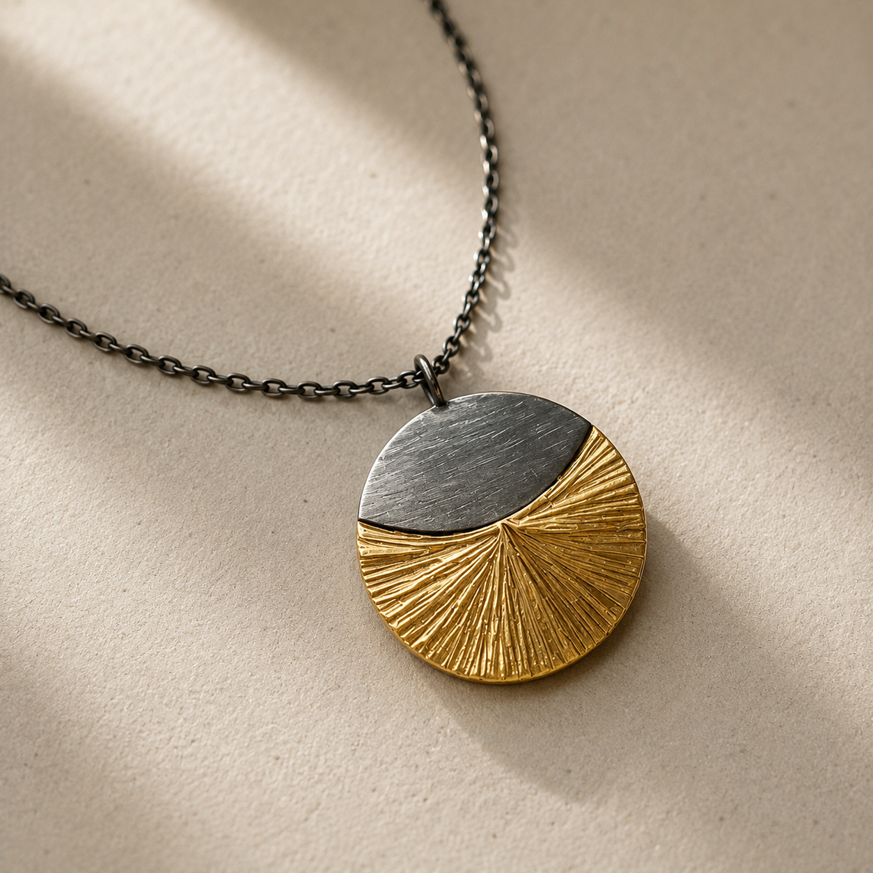 Mixed metal circular pendant necklace with brushed silver and gold textured fan half