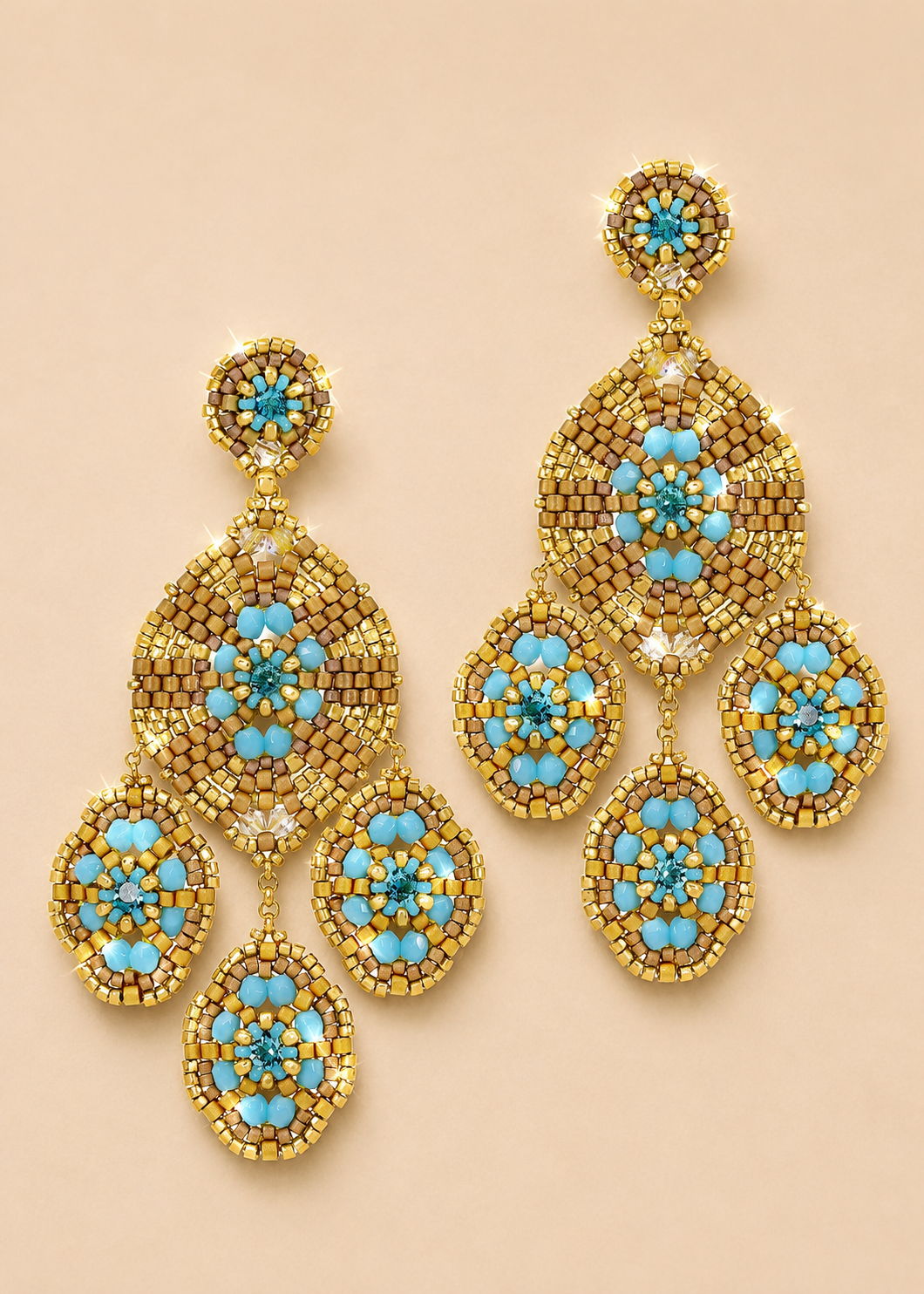 Gold and turquoise beaded chandelier earrings, multi-drop teardrop and round beadwork.