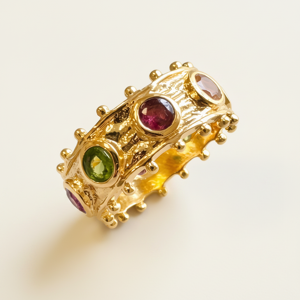 Gold-tone beaded band ring with oval red, green, and clear stones in raised bezels