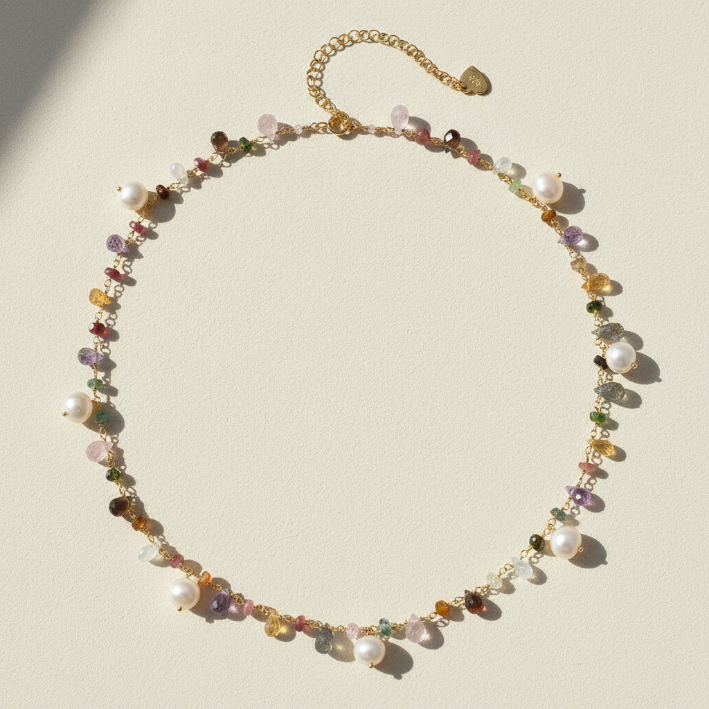 Gold-tone freshwater pearl choker necklace with multicolor beads and dangling charms