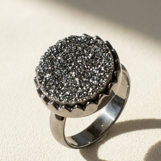 Large round druzy ring with dark gray glittering stone and silver-tone metal band
