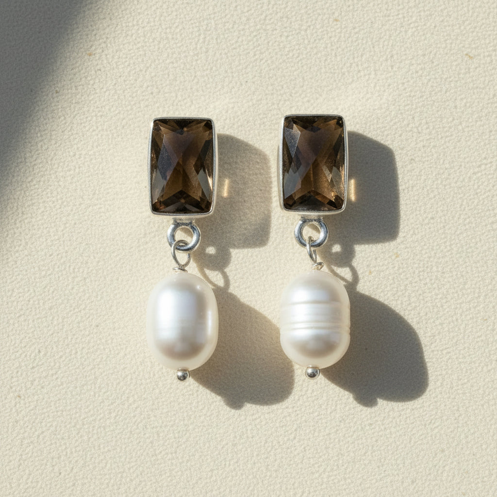 Smoky quartz and pearl drop stud earrings with smoky brown square stones and white pearls