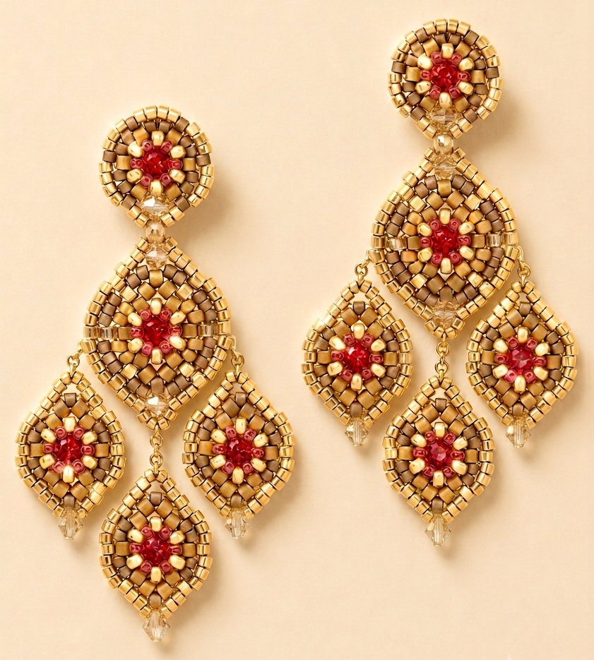 Gold beaded chandelier earrings with pink bead hearts and four dangling squares