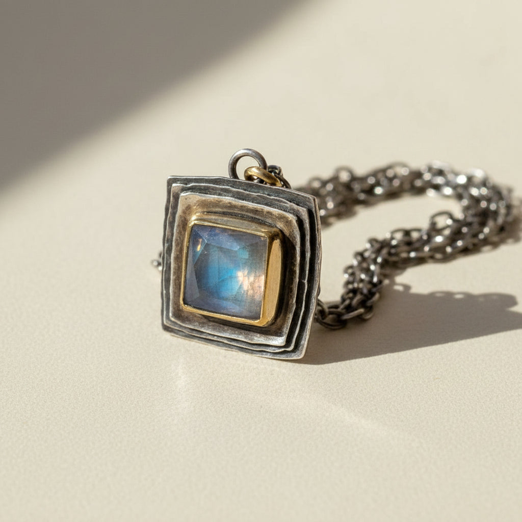 Square moonstone pendant necklace with antique silver square frame and dark chain
