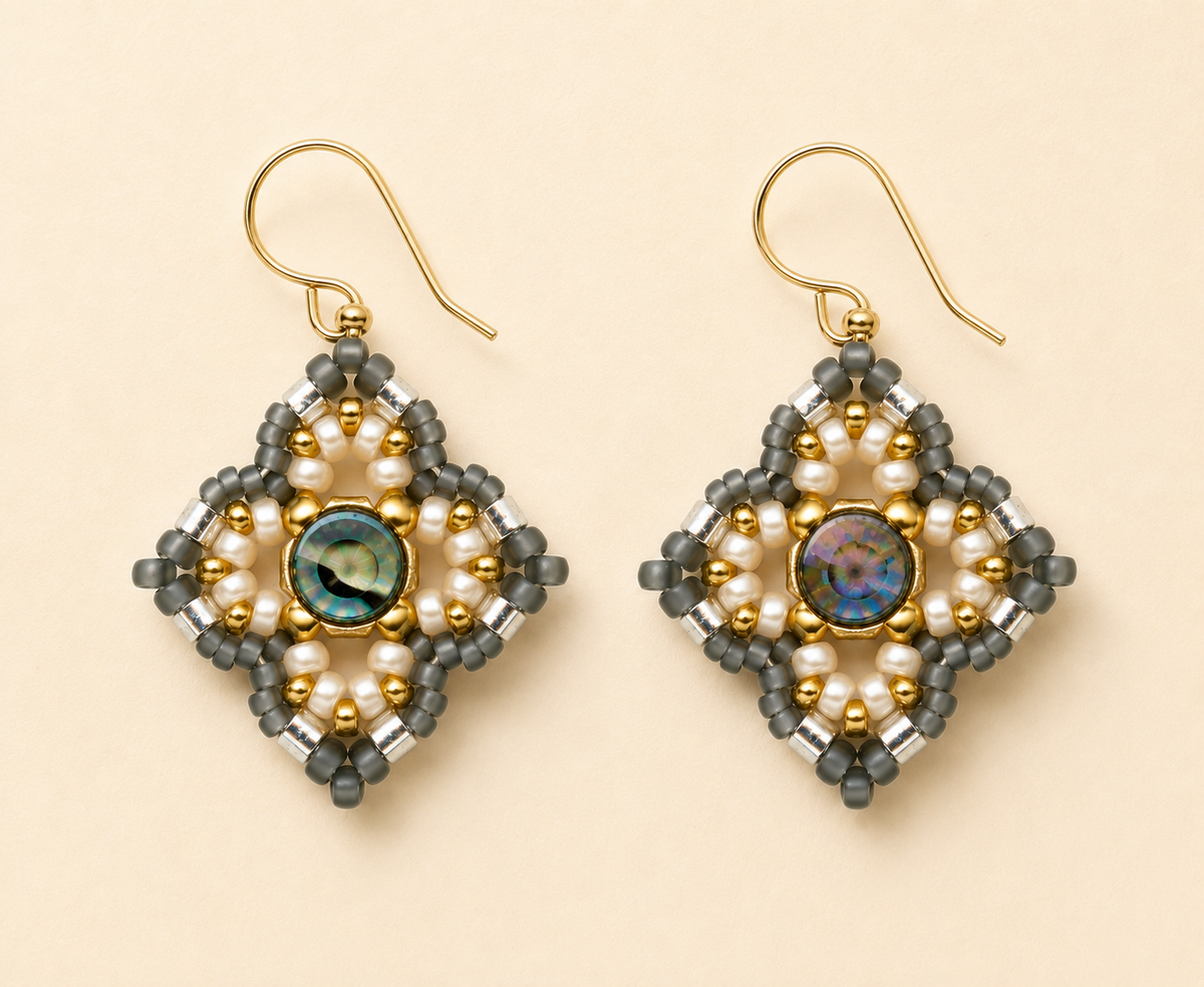 Gold-tone beaded drop earrings with gray, cream, and blue iridescent center beads
