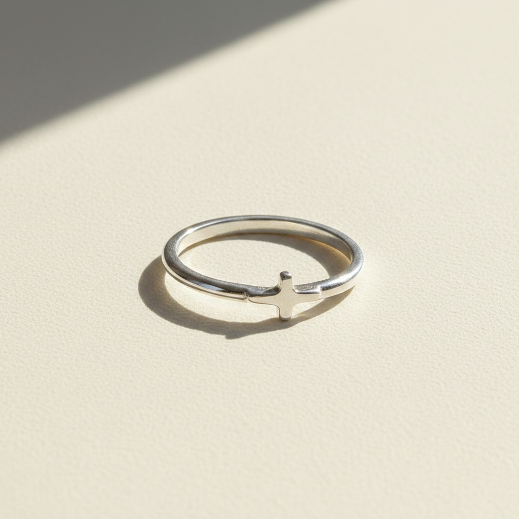 Dainty side cross ring, silver-tone band with small cross charm on the side.