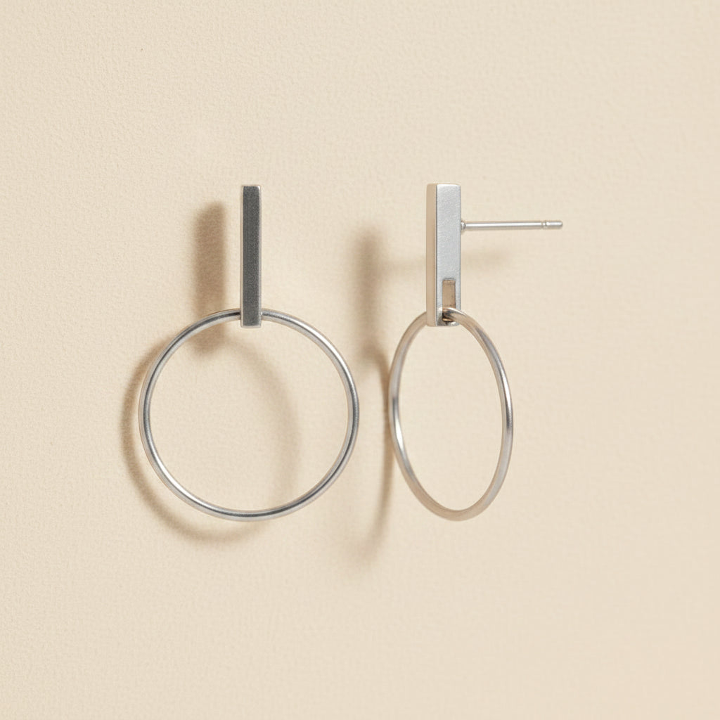 Silver-tone open circle bar stud earrings with hoop ring design