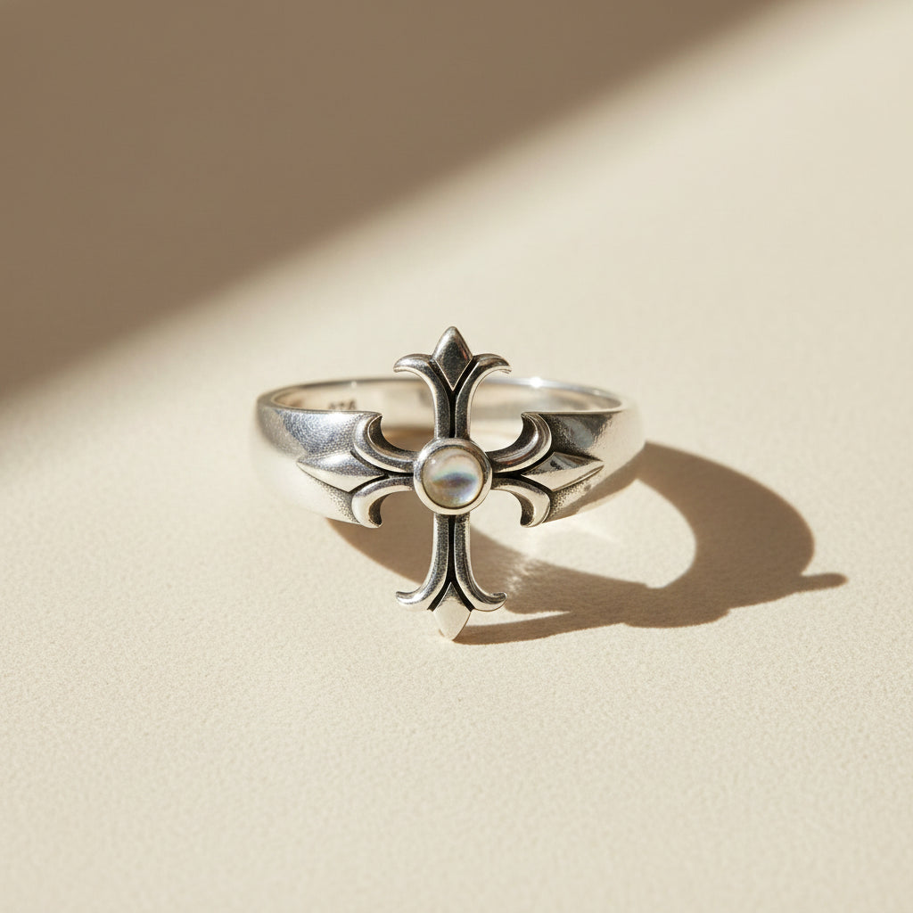 Silver-tone cross ring with oval moonstone center