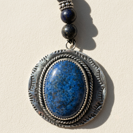 Blue beaded lariat necklace with large oval blue stone pendant