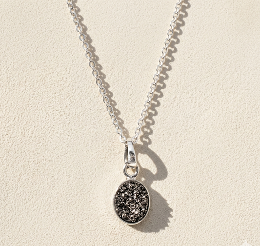 Oval druzy pendant necklace with oval black druzy cabochon and loop bail