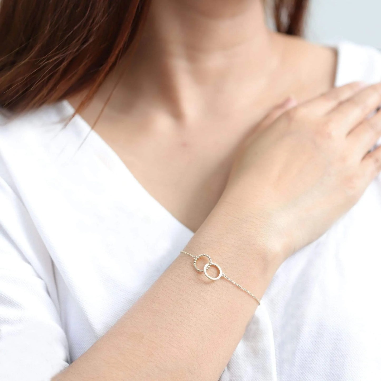 Gold vermeil double circle bracelet with dotted accents and fine chain