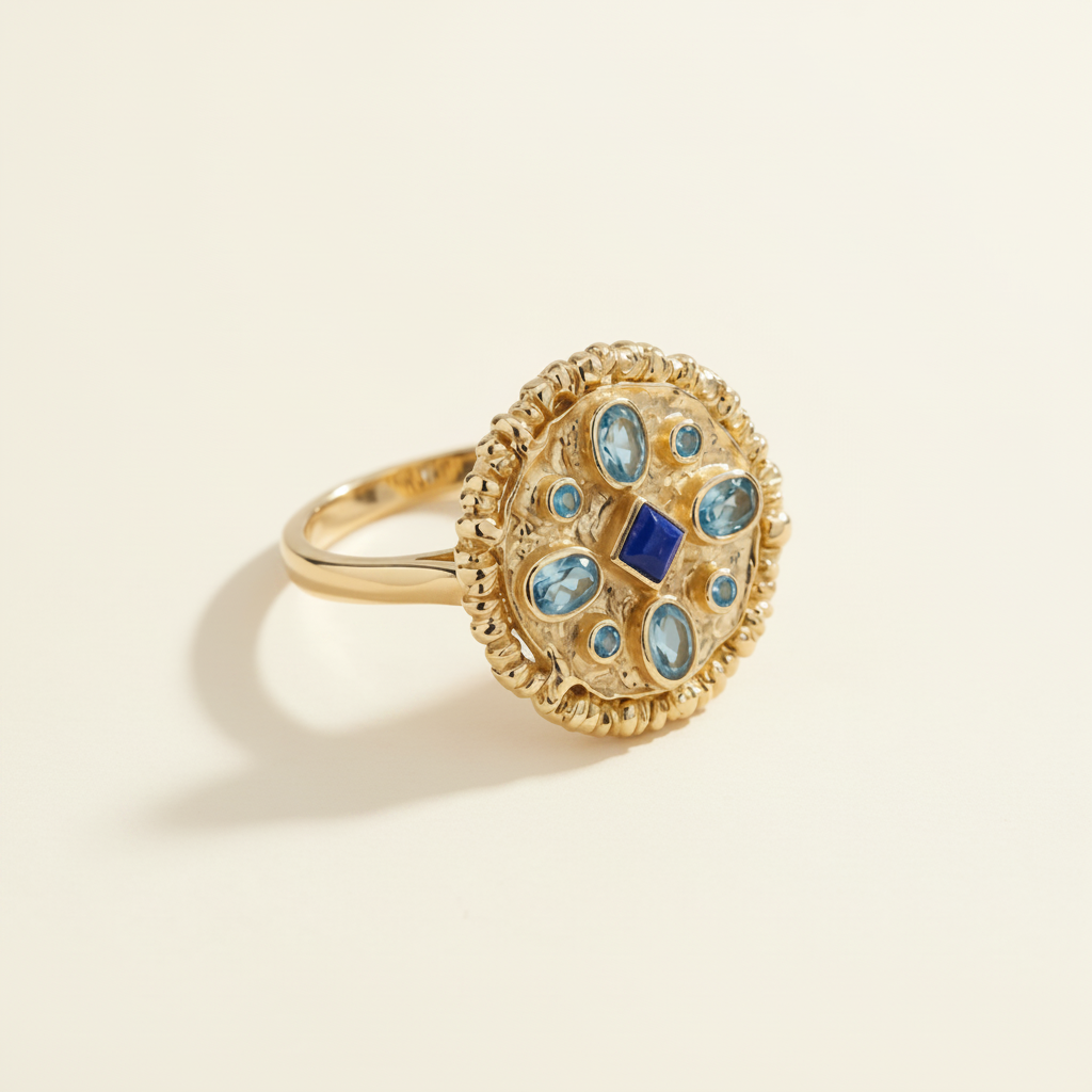 Gold-tone medallion ring with blue gemstone cluster and halo bezel