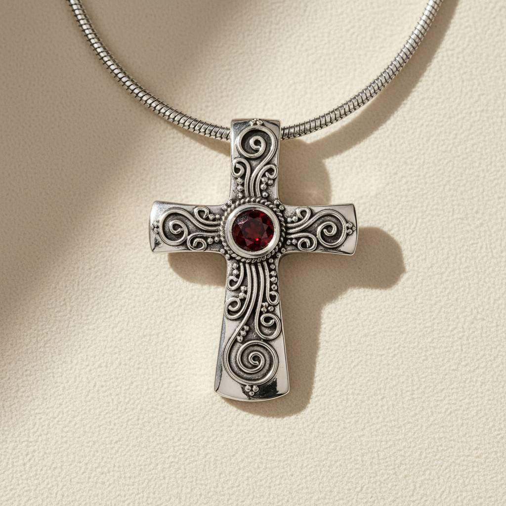 Silver filigree cross pendant necklace with red gemstone center