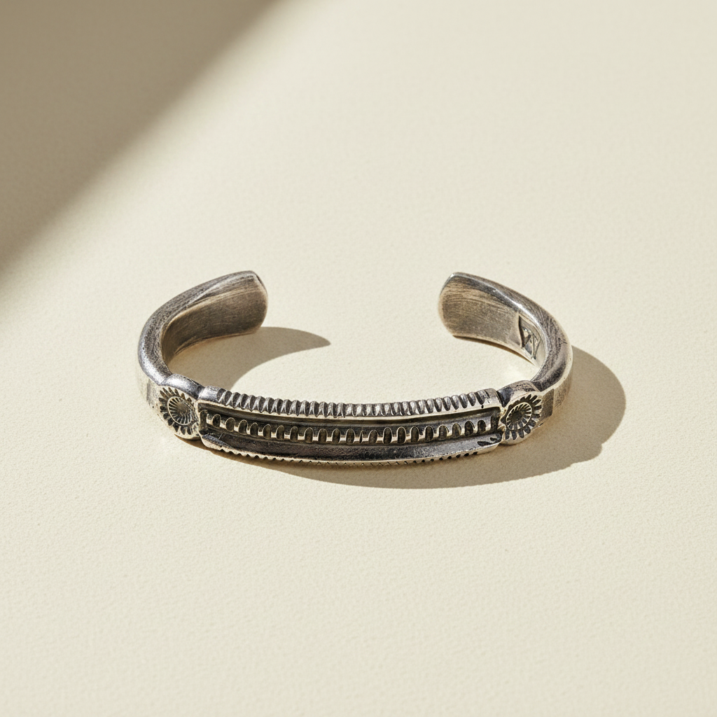 Silver-tone cuff bracelet with engraved central row and curved end tips