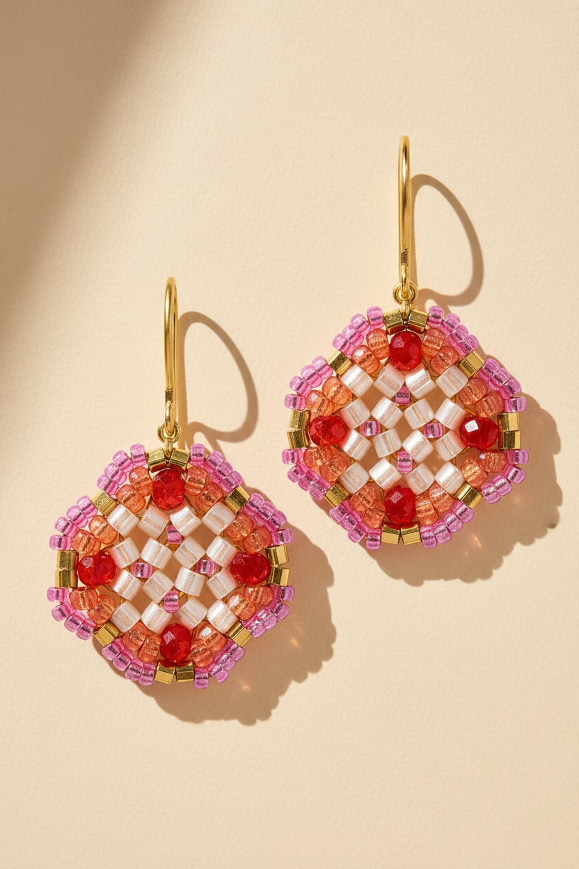 Beaded clover drop earrings with pink and red beads, gold-tone hooks