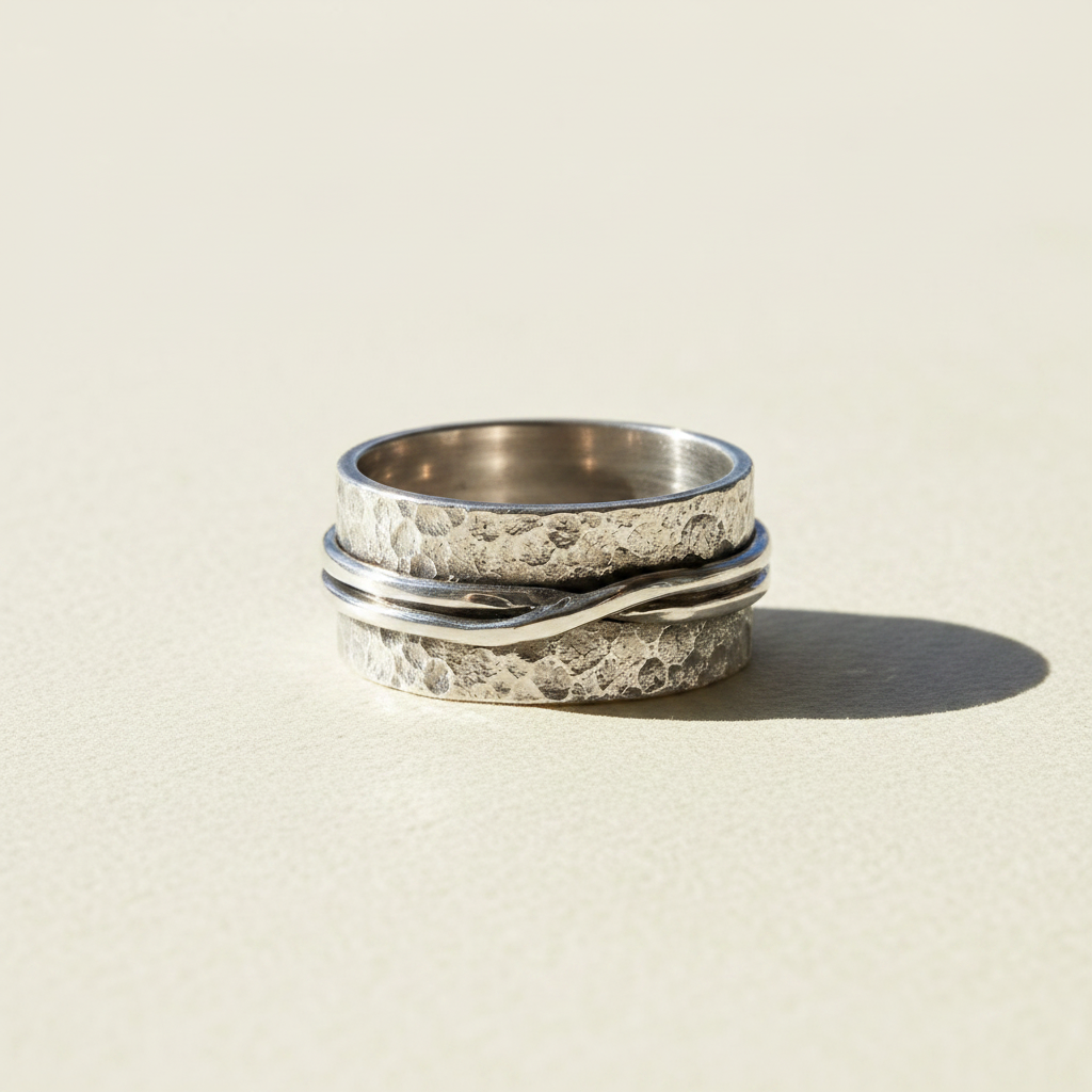 Hammered wide band ring, brushed silver tone with smooth edge detail