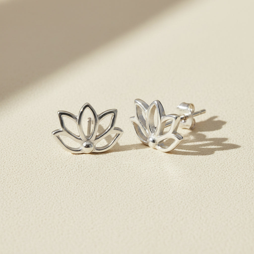 Lotus flower stud earrings, silver-tone double-petal lotus with round post backs