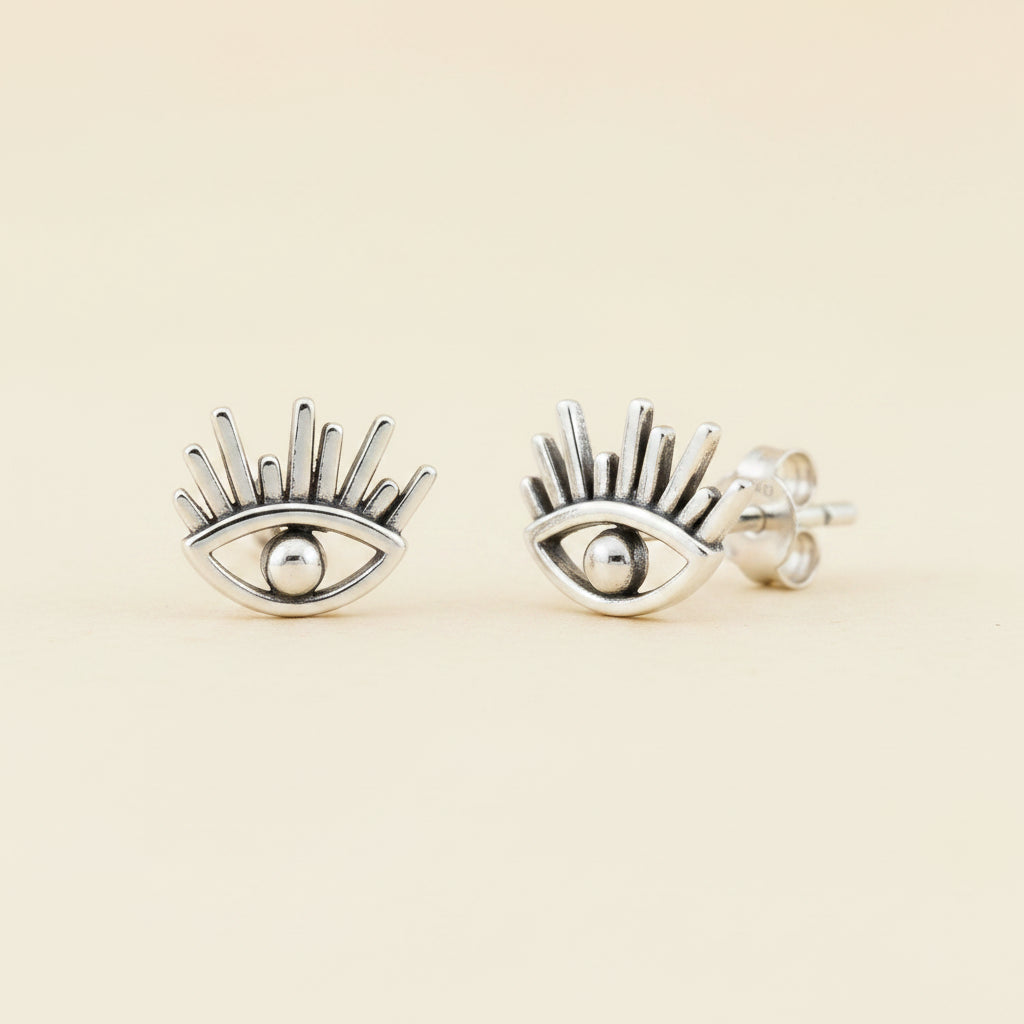 Evil eye protection stud earrings, silver-tone with round center