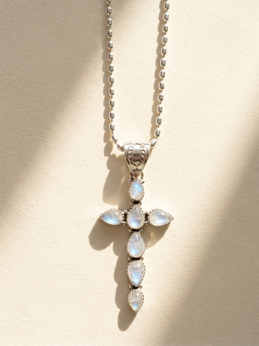 Silver cross pendant necklace with rainbow moonstone teardrop stones and chain