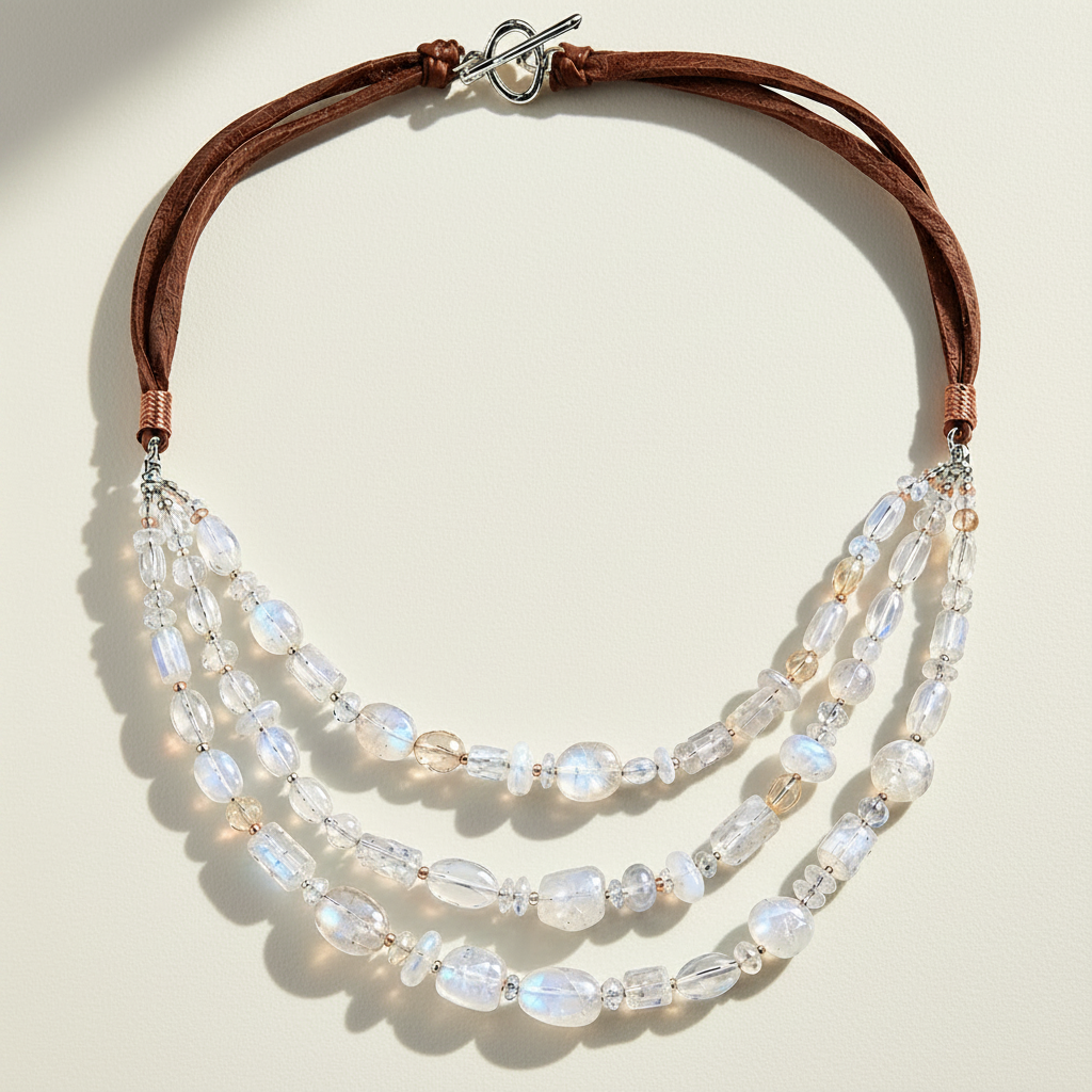 Necklace with multistrand beaded design on a white background