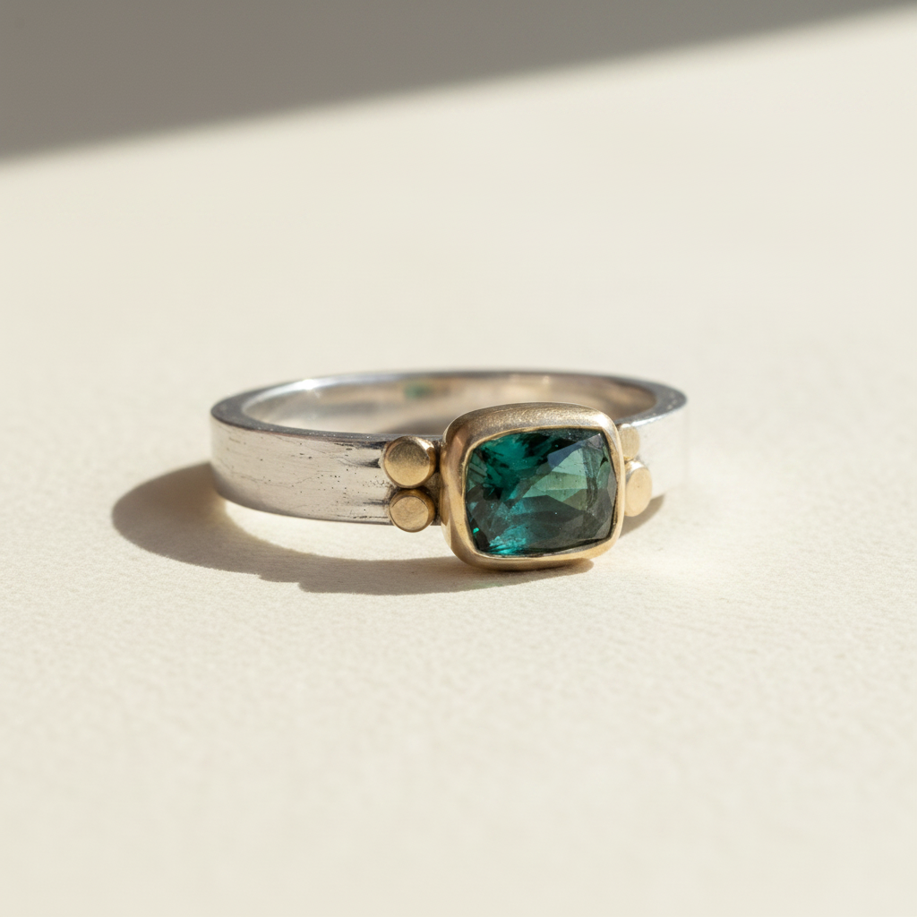 Silver ring with square dark-green gemstone and gold accents, tourmaline aura style