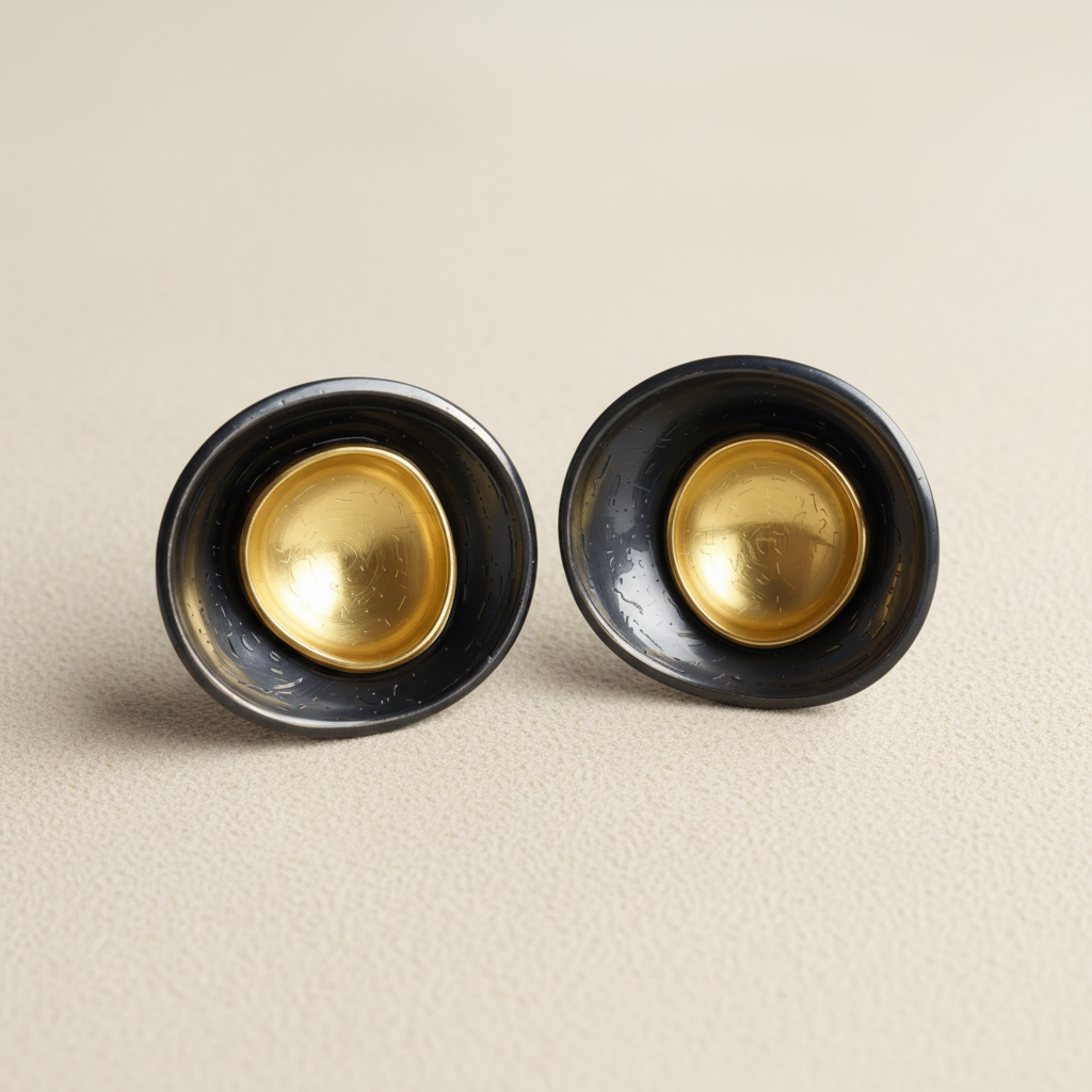Gold-tone round stud earrings with dark circular bezel