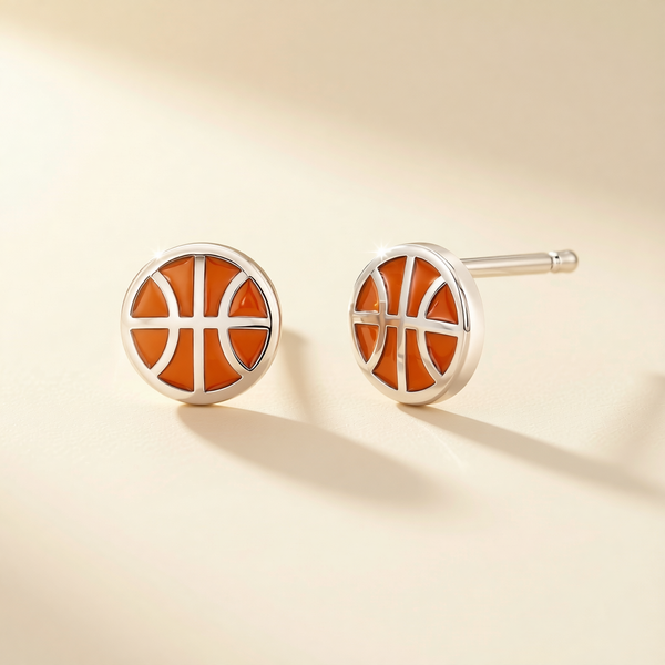 Orange basketball motif stud earrings with round silver-tone bezel and post backs