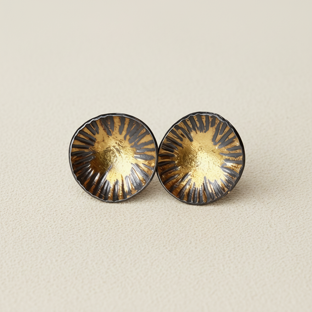 Pair of round earrings with gold and black design on a white background