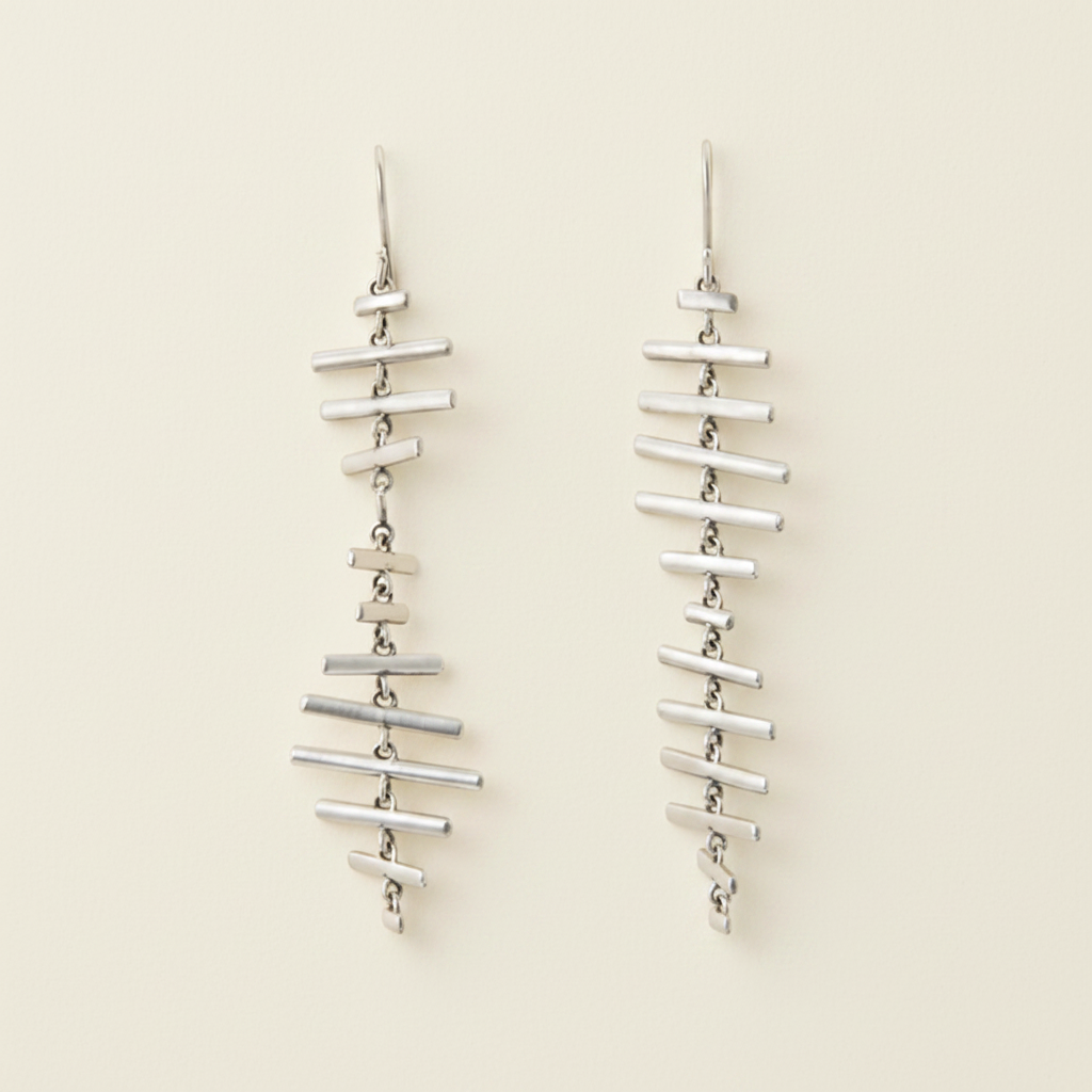 DNA-inspired dangling earrings with stacked bar charms, silver-tone metal, hook drop