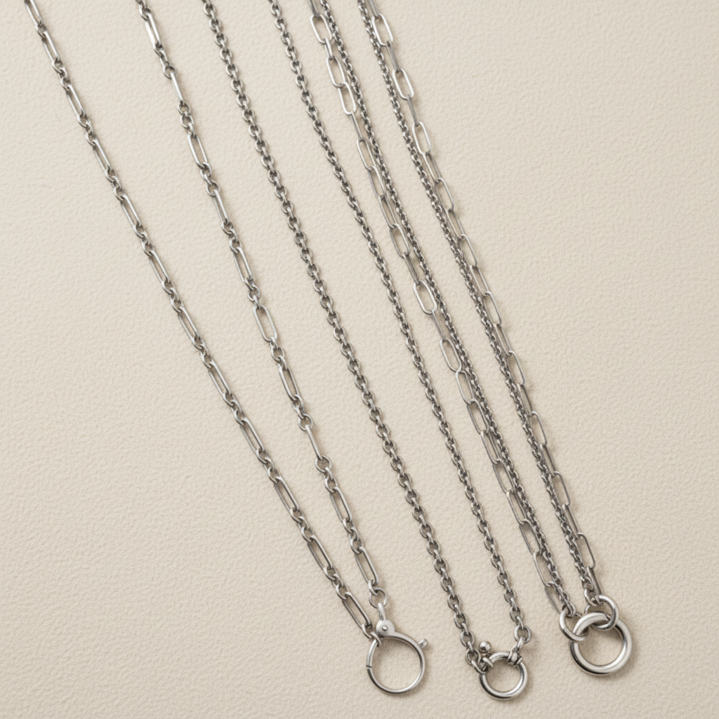 Sterling silver flat cable chain necklace with small round charm loops and clasp ends