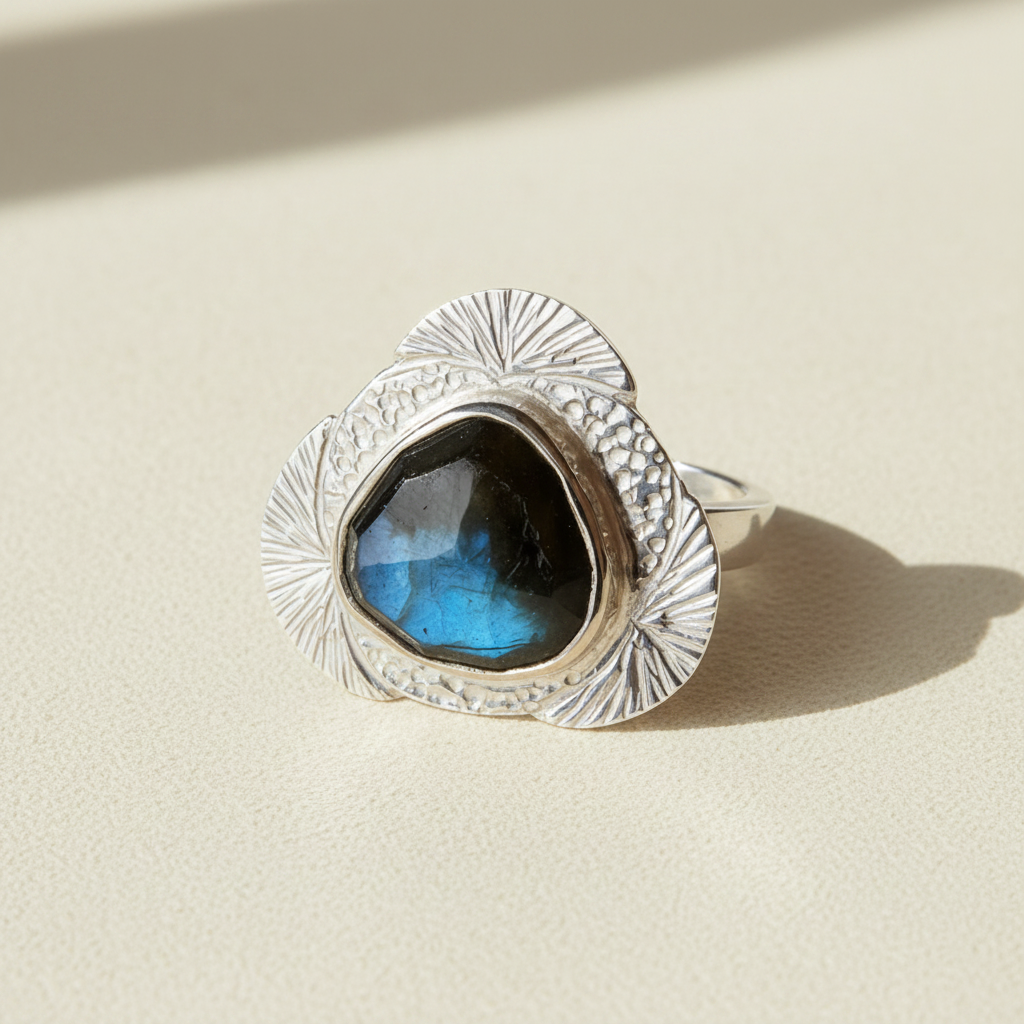 Teardrop labradorite ring with hammered silver bezel and sunburst edge detail