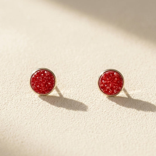 Round druzy stud earrings with red stone, silver-tone bezel, post-back closure