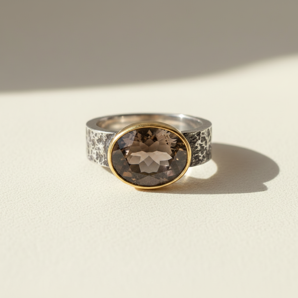 Smoky quartz ring with round dark stone in gold bezel, textured silver band