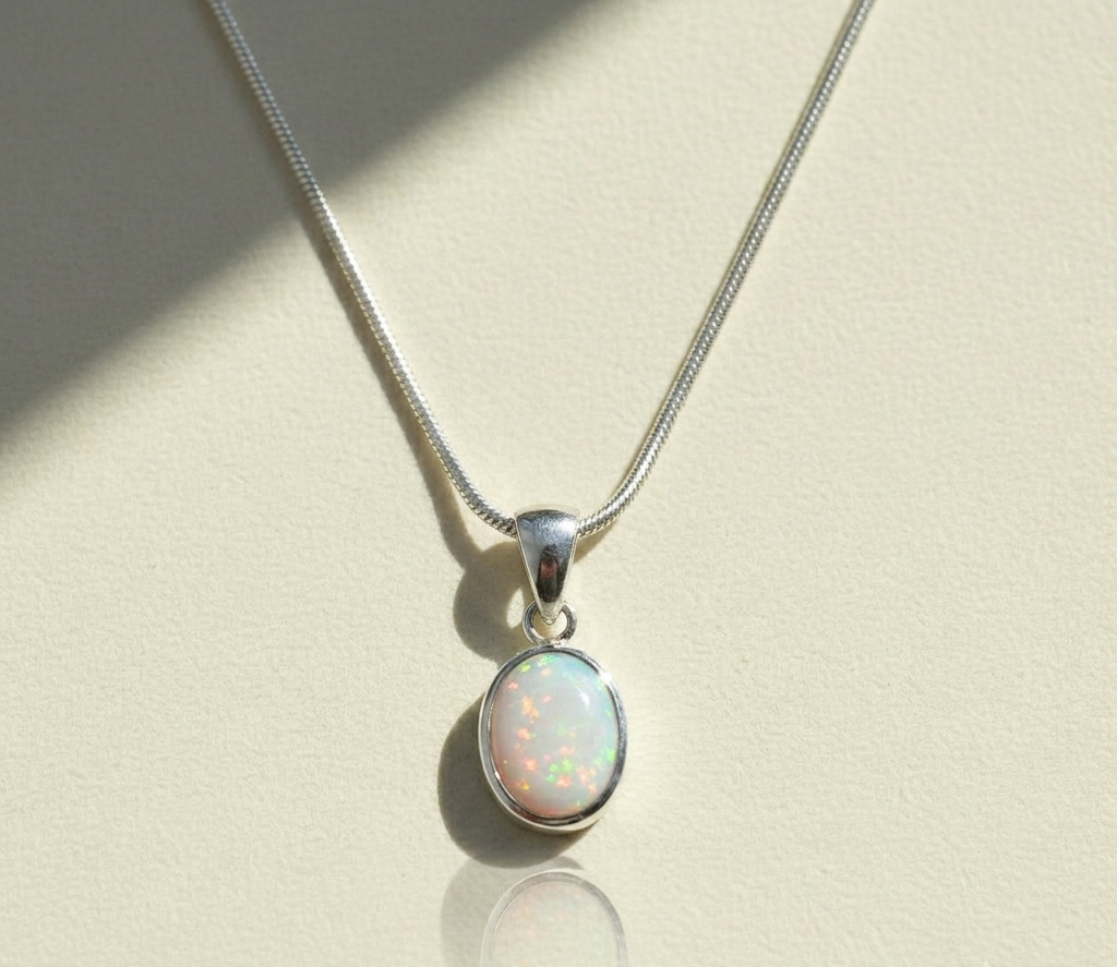 Opal pendant necklace with oval opal stone on silver-tone chain and clasp