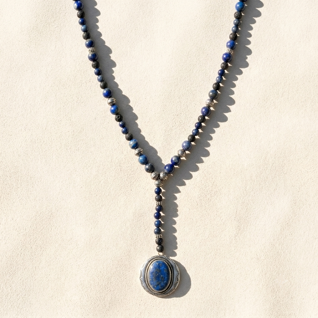 Blue beaded lariat necklace with oval blue stone pendant