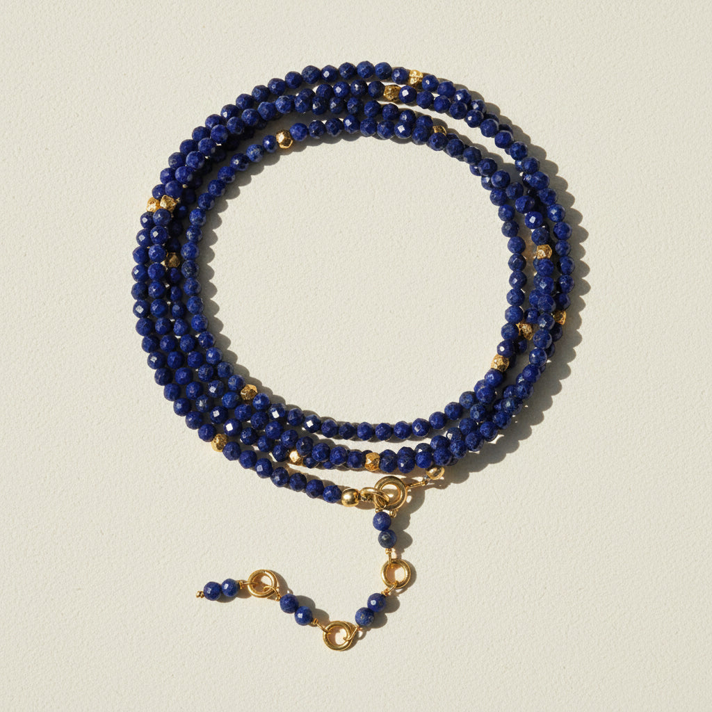 Lapis gemstone wrap necklace/bracelet with dark blue bead strands and gold clasp