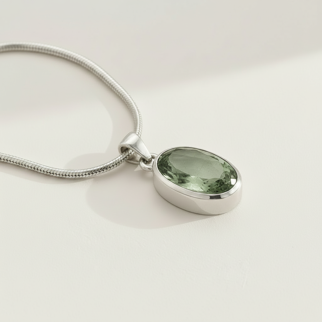 Silver snake chain pendant with oval green gemstone in bezel setting