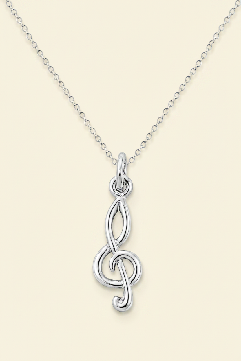 Silver-tone treble clef pendant on link chain with three interlocking loops