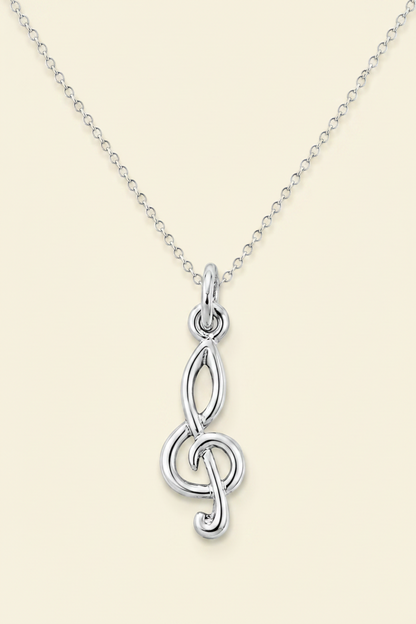 Silver-tone treble clef pendant on link chain with three interlocking loops