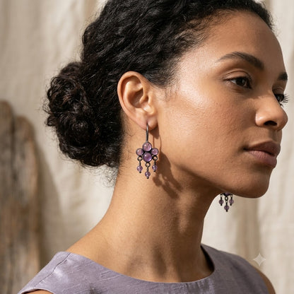 Amethyst cluster dangle earrings on model, purple stones with dangling charms