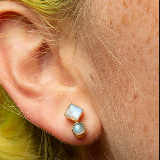 Double stone stud earrings with square and round blue stones