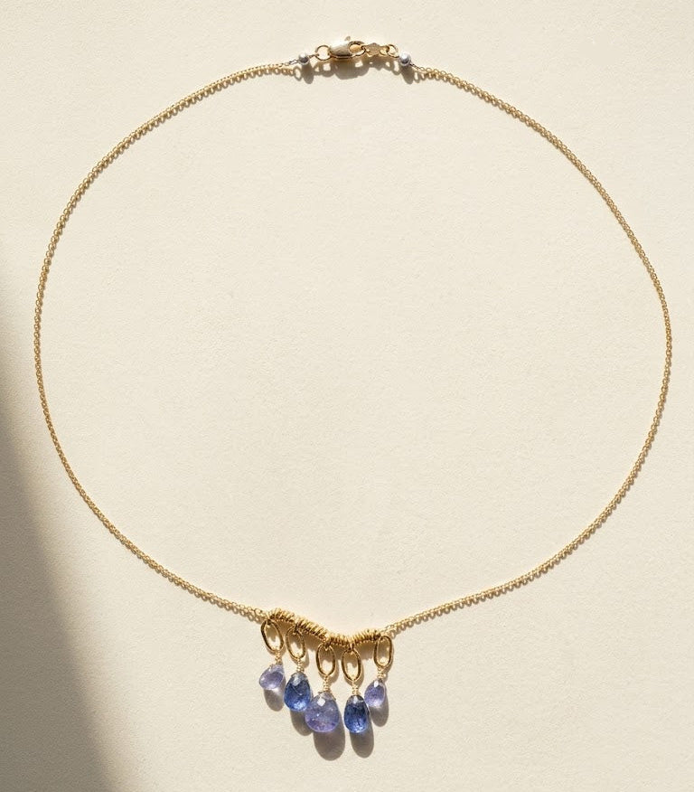 Gold chain necklace with clustered purple teardrop briolette gemstones at the end