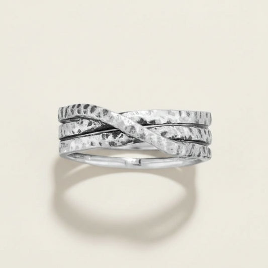Triple band soldered ring, silver tone with dark speckled marbled finish